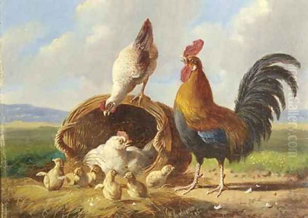 A rooster, chickens and chicks in a landscape - view 1