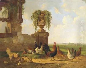 Poultry by a ruin, an extensive landscape beyond
