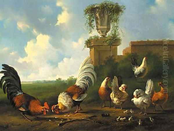 Poultry in a summer landscape by a ruined wall - view 1