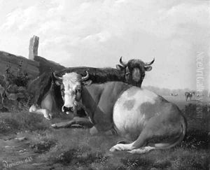 Resting cows in a sunlit meadow by Albertus Verhoesen
