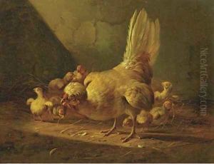 A hen and her chicks by Albertus Verhoesen