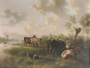 Cattle in a polder landscape by Albertus Verhoesen