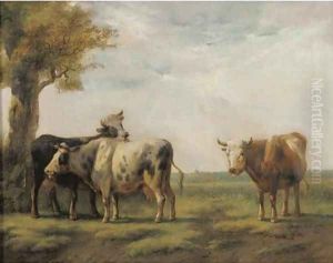 Cattle in a sunlit landscape by Albertus Verhoesen