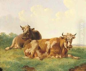 Cattle in a sunny meadow by Albertus Verhoesen