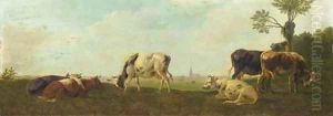 Cows in a panoramic polderlandscape by Albertus Verhoesen