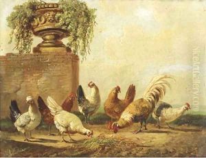 Poultry by a ruin by Albertus Verhoesen