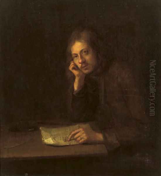 A man seated at a table pointing to a letter - view 1