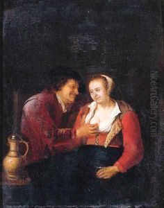 A Vanitas a boor courting a maid in a tavern, surprised by Death by Pieter Harmansz Verelst