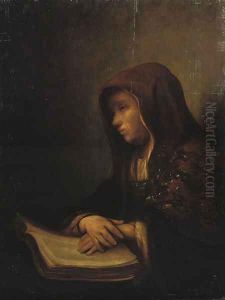 An old woman seated at a table with her hands resting on an open book by Pieter Harmansz Verelst