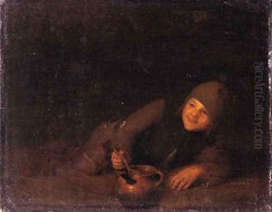 A young boor reclining, eating from an earthenware bowl