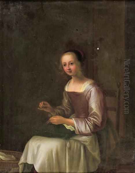 A young lady sewing in an interior - view 1