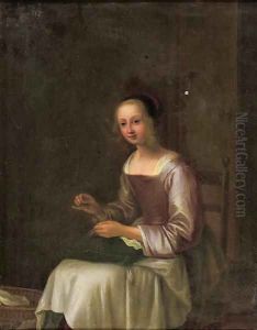 A young lady sewing in an interior
