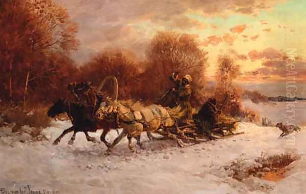 Hunters in a winter landscape being pursued by wolves - view 1