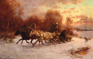 Hunters in a winter landscape being pursued by wolves by Fritz van der Venne