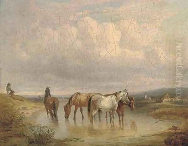 Ponies watering in an extensive landscape - view 1