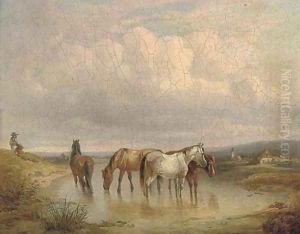 Ponies watering in an extensive landscape by Fritz van der Venne