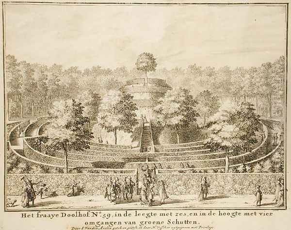 Topiary maze with four exits and a central mound, engraved by Johannes Van den Aveele d.1727 - view 1