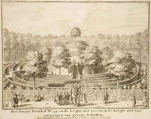 Topiary maze with four exits and a central mound, engraved by Johannes Van den Aveele d.1727 Topiary maze with four exits and a central mound, engraved by Johannes Van den Aveele d.1727