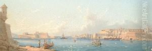 Shipping In The Grand Harbour, Valetta, Malta, A Pairboth 'l.galea' (lower Right) by Luigi Maria Galea