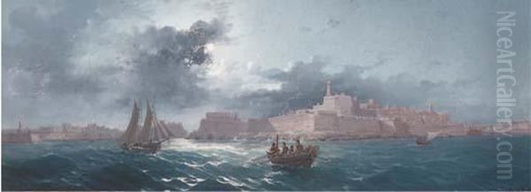 Crowded Small Craft Running Out Of Grand Harbour, Valetta, Bymoonlight - view 1