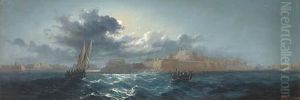 Crowded Small Craft Running Out Of Grand Harbour, Valetta, By Moonlight