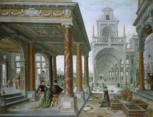 Cappricio of palace architecture with Figures Promenading, 1596 by Hans Vredeman de Vries