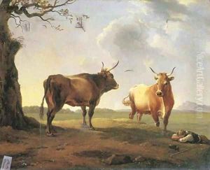 An extensive Italianate landscape at dusk with a shepherd sleeping beside a bull and a cow by Hendrik Voogd