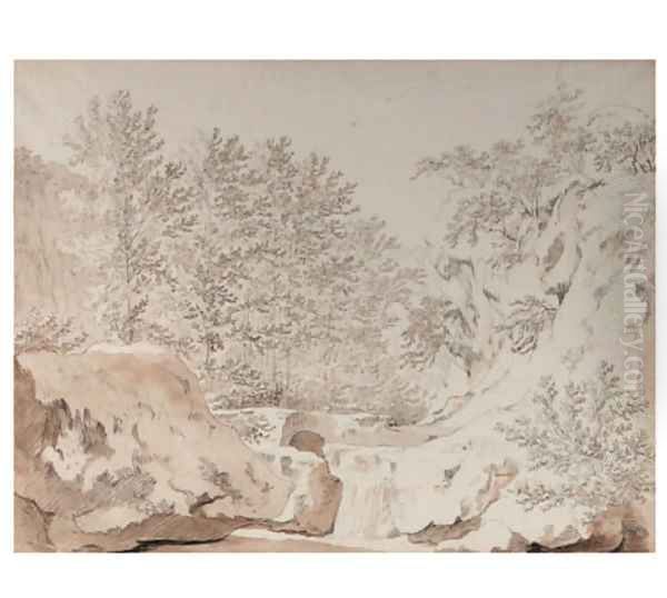 A stream in a wooded hilly landscape - view 1