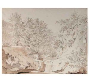 A stream in a wooded hilly landscape by Hendrik Voogd
