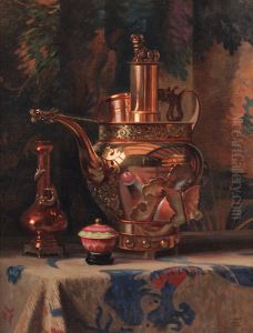 A still life with a Chinese brass kettle by Hubert Vos