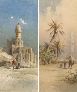 Mosques And Minarets In A Desert
 Town; And An Arab And Camel Beforea Mosque (both Illustrated)