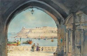 The Fortress By The Sea, Malta; And Travellers On Their Way Tovalletta, Malta by Angelos Giallina