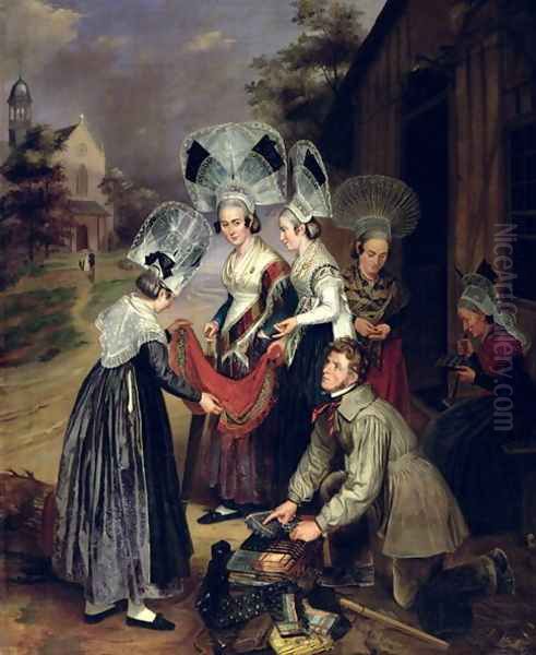 A Peddler Selling Scarves to Women from Troyes - view 1