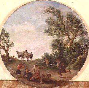 Brigands attacking a traveller on a track by a wood