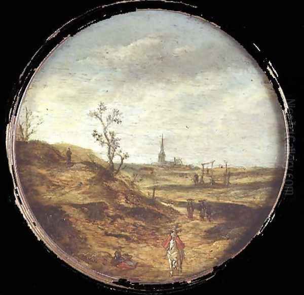An extensive landscape with travellers on a road - view 1