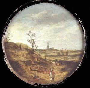 An extensive landscape with travellers on a road