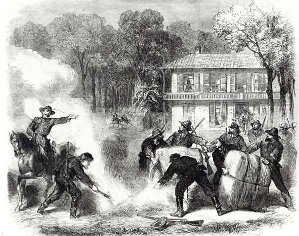 Confederate cotton burners near Memphis surprised by Federal scouts during the American Civil War, 1862 - view 1