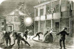 The Federals shelling the City of Charleston Shell bursting in the streets in 1863
