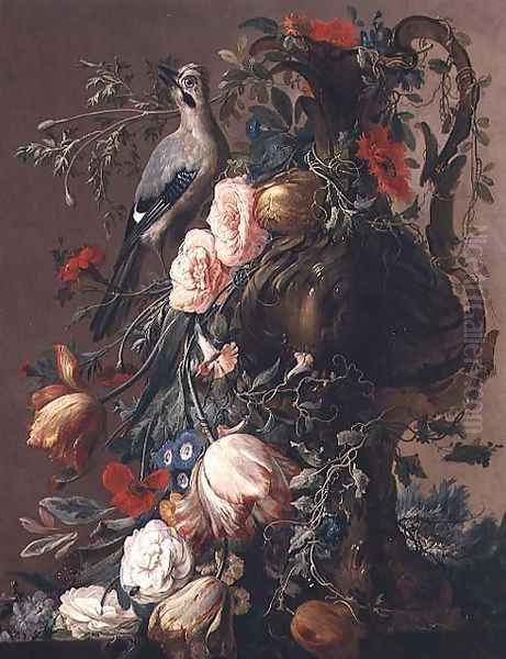 A Sculpted Stone Vase with Roses, Auricula, Poppies, Convulvulus, with a Jay on a Ledge, 1760 - view 1