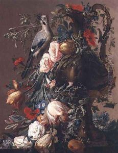 A Sculpted Stone Vase with Roses, Auricula, Poppies, Convulvulus, with a Jay on a Ledge, 1760