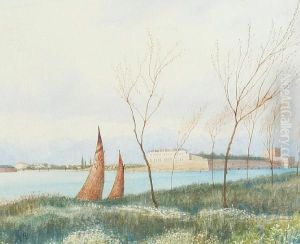 Lake Landscape With Imposing
Buildings On The Banks, And Cypress Trees And Mountains Beyond by Harry Goodwin