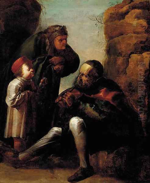 An old man playing a pipe with a woman and child - view 1