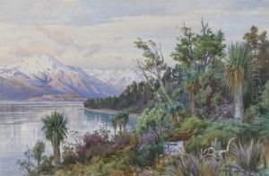 New Zealand View With Palm Trees By A Lake And Mountains Beyond