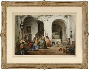 Visitors Arriving, Figures In A Courtyard