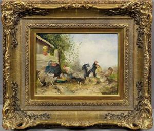 Sommerliches Tieridyllmit Huhnerschar Und Truthahn Am Stall by Max I Hanger