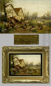 "diverses Federvieh" In Romantischer Dorflandschaft by Max I Hanger