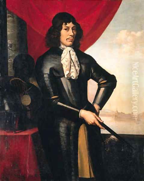 Portrait of a military commander, three-quarter-length, in armour, under a portico by a table with a black servant, holding a medallion - view 1