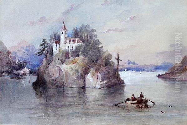 Continental Lake Scene, With Figures In A Rowing Boat Approaching An Island - view 1