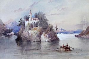 Continental Lake Scene, With Figures In A Rowing Boat Approaching An Island