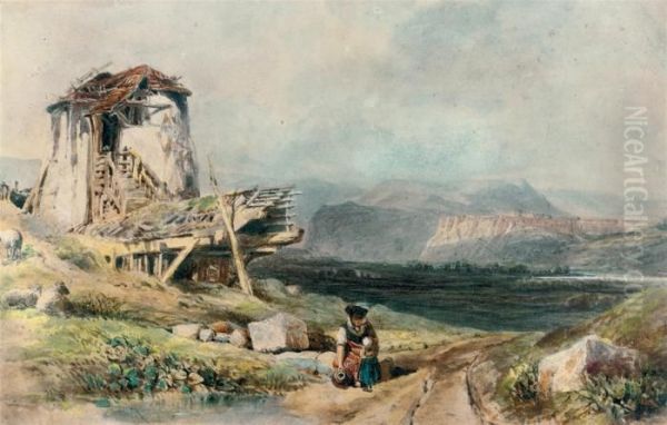 A Mother And Child On A Path By A Ruined Mill, In The Highlands - view 1